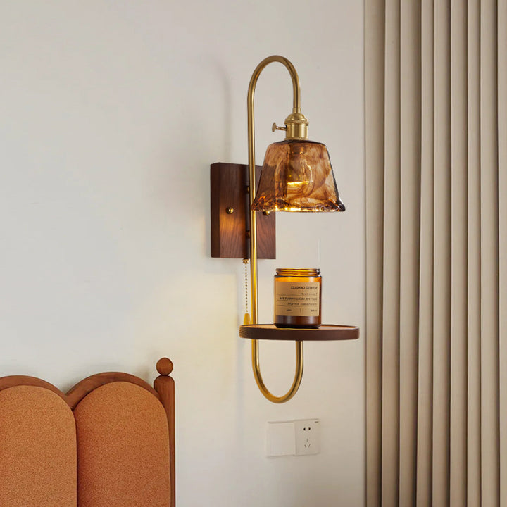 Traditional Chinese Ceramic Glass Walnut Wood Iron Rectangular Conical Curved 1-Light Wall Sconce Lamp For Living Room