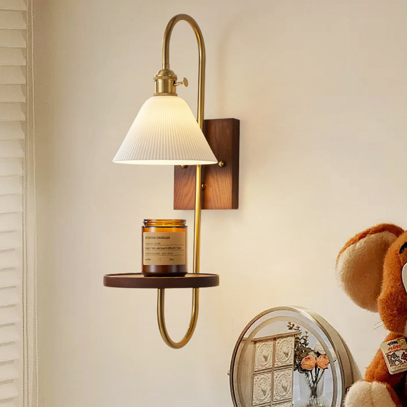 Traditional Chinese Ceramic Glass Walnut Wood Iron Rectangular Conical Curved 1-Light Wall Sconce Lamp For Living Room