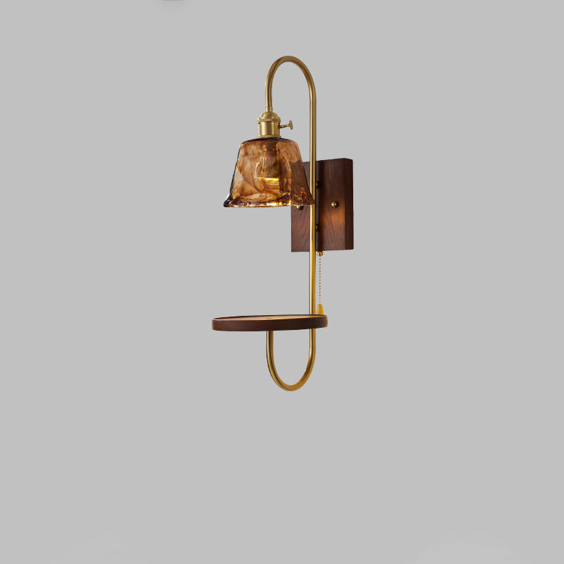 Traditional Chinese Ceramic Glass Walnut Wood Iron Rectangular Conical Curved 1-Light Wall Sconce Lamp For Living Room
