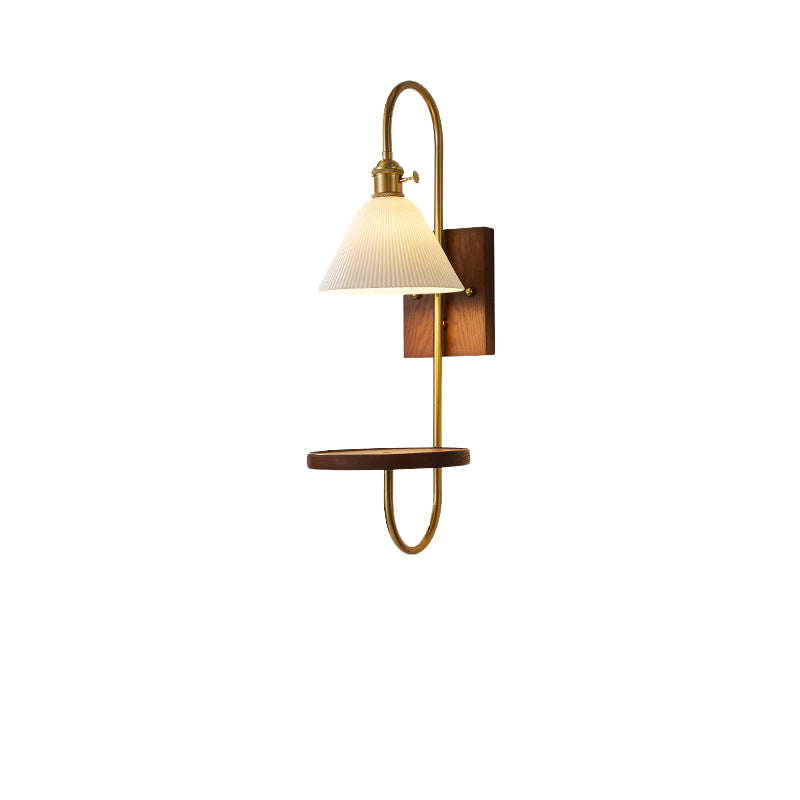 Traditional Chinese Ceramic Glass Walnut Wood Iron Rectangular Conical Curved 1-Light Wall Sconce Lamp For Living Room