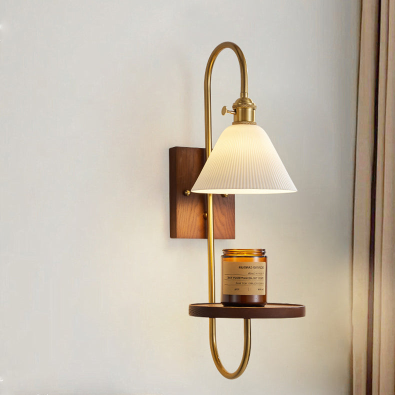 Traditional Chinese Ceramic Glass Walnut Wood Iron Rectangular Conical Curved 1-Light Wall Sconce Lamp For Living Room