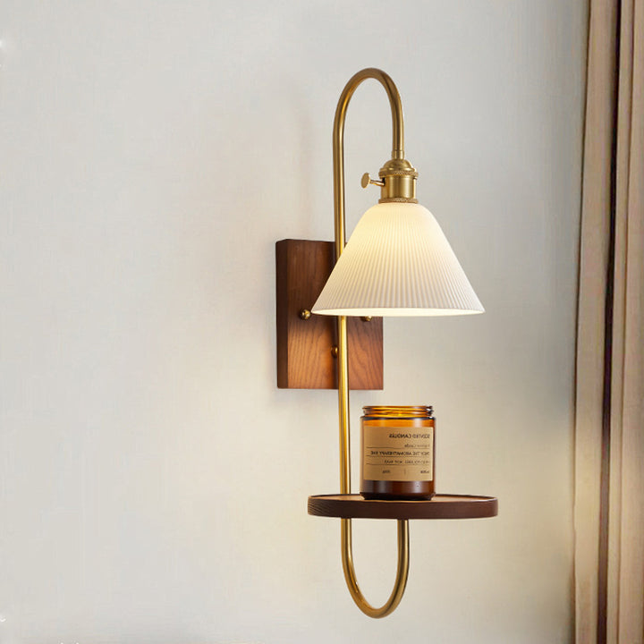 Traditional Chinese Ceramic Glass Walnut Wood Iron Rectangular Conical Curved 1-Light Wall Sconce Lamp For Living Room