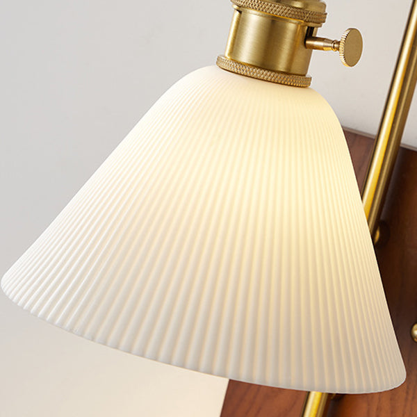 Traditional Chinese Ceramic Glass Walnut Wood Iron Rectangular Conical Curved 1-Light Wall Sconce Lamp For Living Room