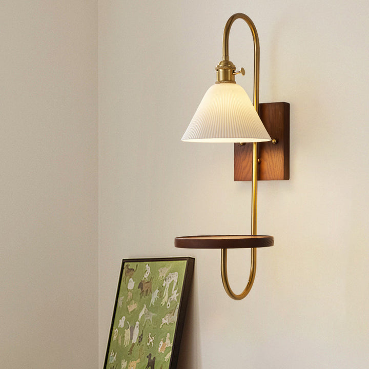 Traditional Chinese Ceramic Glass Walnut Wood Iron Rectangular Conical Curved 1-Light Wall Sconce Lamp For Living Room