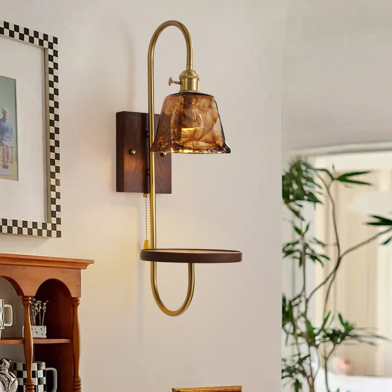 Traditional Chinese Ceramic Glass Walnut Wood Iron Rectangular Conical Curved 1-Light Wall Sconce Lamp For Living Room