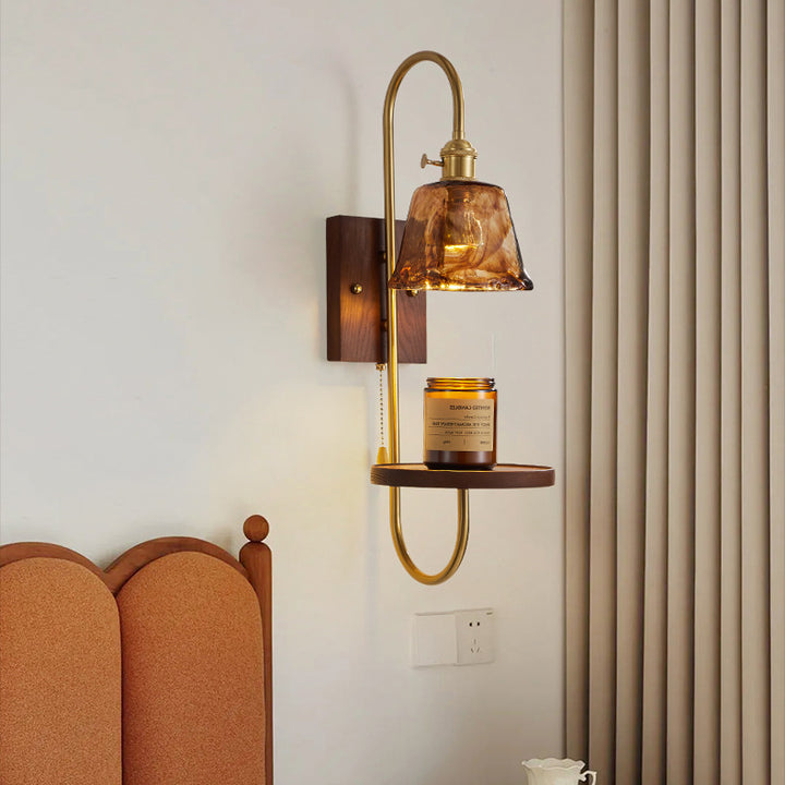 Traditional Chinese Ceramic Glass Walnut Wood Iron Rectangular Conical Curved 1-Light Wall Sconce Lamp For Living Room
