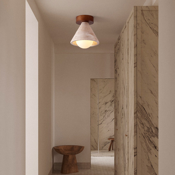 Traditionelle Mid-Century Walnuss Gelbe Travertin Kegel 1-Licht Semi-Flush Mount Beleuchtung Für Wohnzimmer 