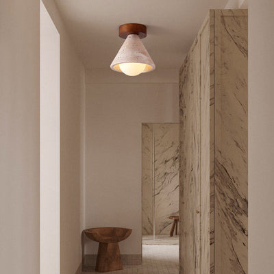Traditional Mid-Century Walnut Yellow Travertine Cone 1-Light Semi-Flush Mount Lighting For Living Room