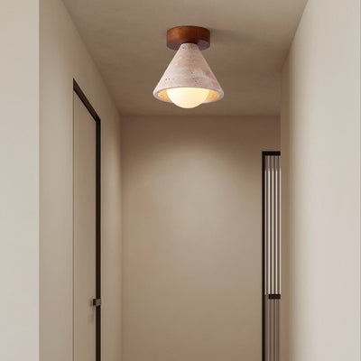 Traditional Mid-Century Walnut Yellow Travertine Cone 1-Light Semi-Flush Mount Lighting For Living Room