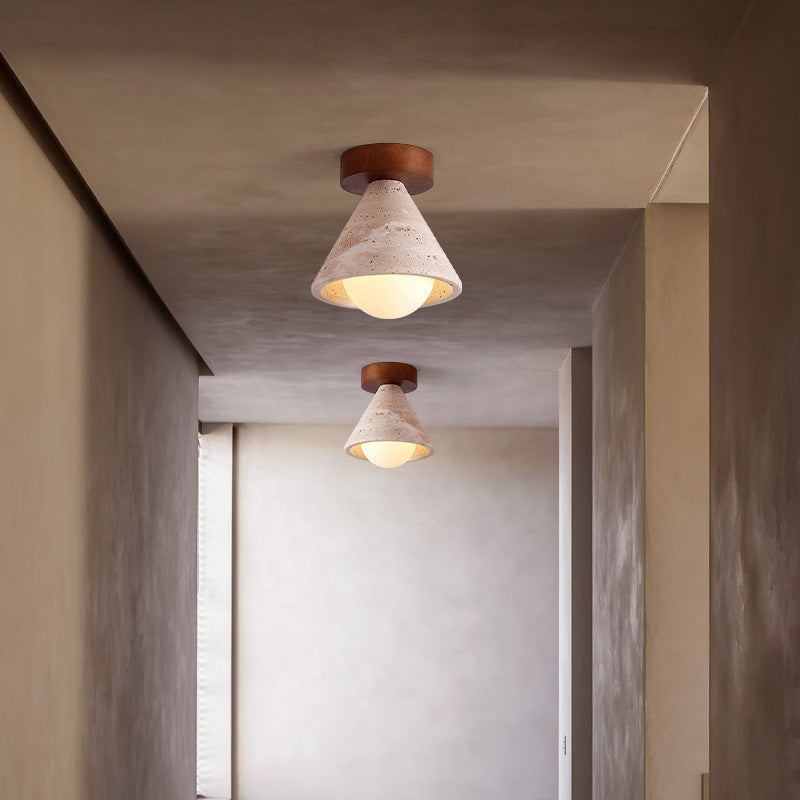 Traditional Mid-Century Walnut Yellow Travertine Cone 1-Light Semi-Flush Mount Lighting For Living Room