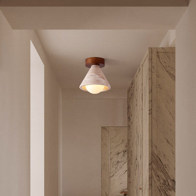 Traditional Mid-Century Walnut Yellow Travertine Cone 1-Light Semi-Flush Mount Lighting For Living Room