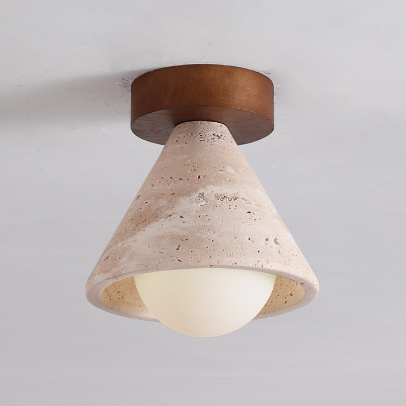 Traditionelle Mid-Century Walnuss Gelbe Travertin Kegel 1-Licht Semi-Flush Mount Beleuchtung Für Wohnzimmer 