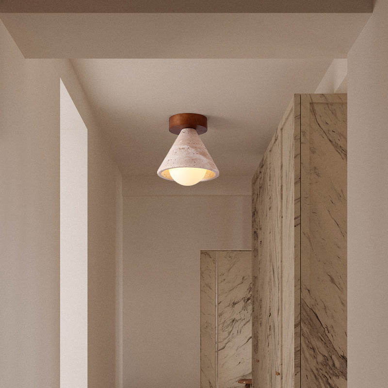 Traditional Mid-Century Walnut Yellow Travertine Cone 1-Light Semi-Flush Mount Lighting For Living Room