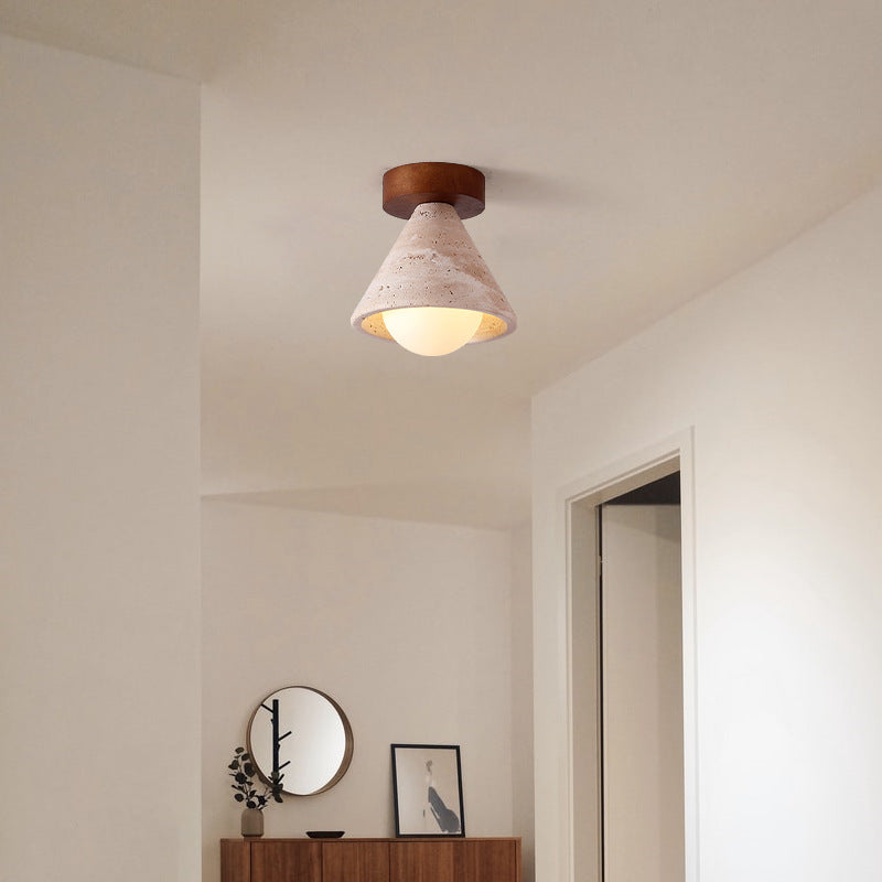 Traditional Mid-Century Walnut Yellow Travertine Cone 1-Light Semi-Flush Mount Lighting For Living Room