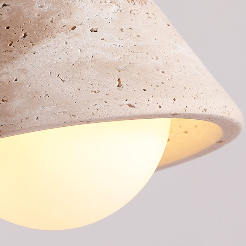 Traditional Mid-Century Walnut Yellow Travertine Cone 1-Light Semi-Flush Mount Lighting For Living Room