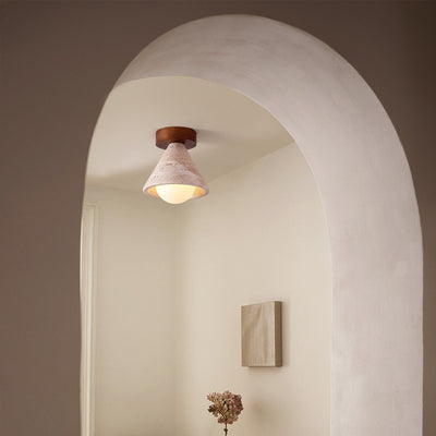 Traditional Mid-Century Walnut Yellow Travertine Cone 1-Light Semi-Flush Mount Lighting For Living Room