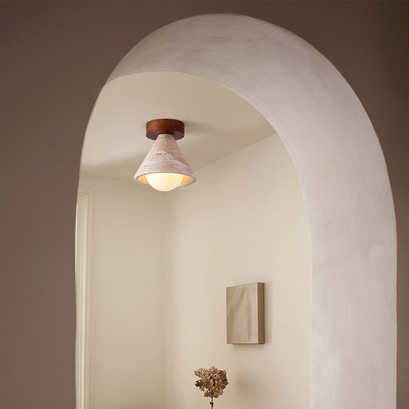 Traditional Mid-Century Walnut Yellow Travertine Cone 1-Light Semi-Flush Mount Lighting For Living Room