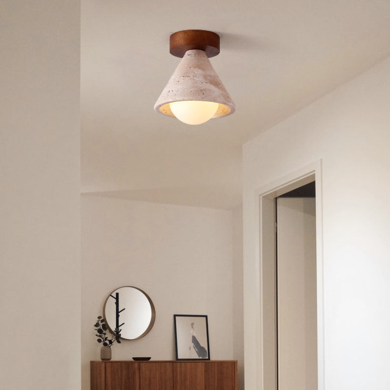 Traditional Mid-Century Walnut Yellow Travertine Cone 1-Light Semi-Flush Mount Lighting For Living Room