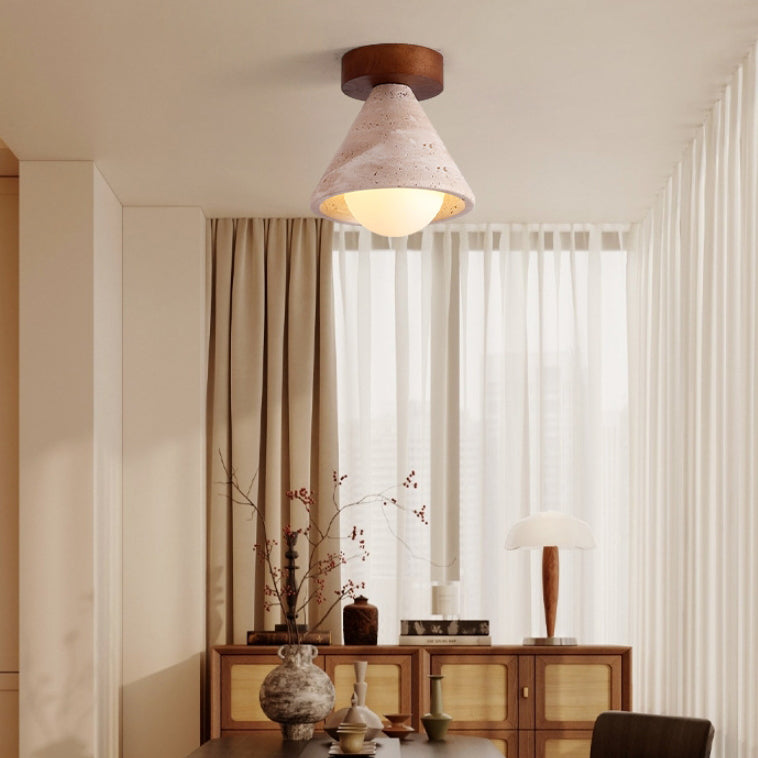Traditional Mid-Century Walnut Yellow Travertine Cone 1-Light Semi-Flush Mount Lighting For Living Room