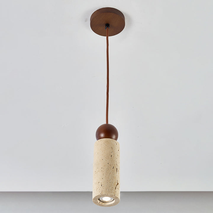 Traditionelle japanische gelbe Travertin-Massivholz-Zylinder-Glaskugel 1-Licht-Pendelleuchte für Esszimmer 