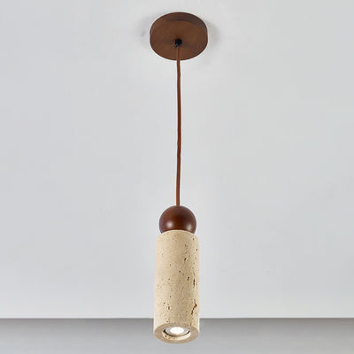 Traditional Japanese Yellow Travertine Solid Wood Cylinder Globe 1-Light Pendant Light For Dining Room