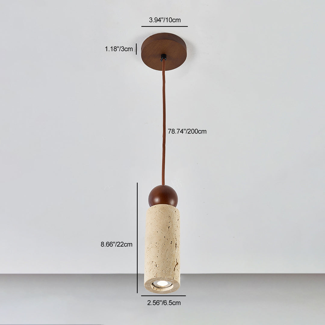 Traditionelle japanische gelbe Travertin-Massivholz-Zylinder-Glaskugel 1-Licht-Pendelleuchte für Esszimmer 