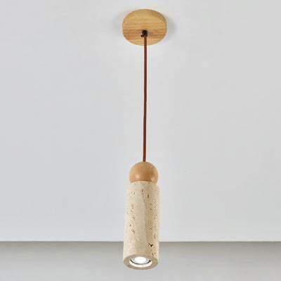 Traditional Japanese Yellow Travertine Solid Wood Cylinder Globe 1-Light Pendant Light For Dining Room