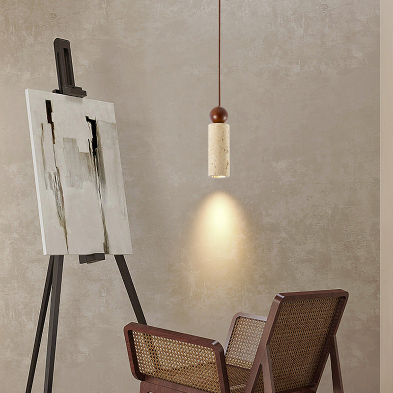 Traditional Japanese Yellow Travertine Solid Wood Cylinder Globe 1-Light Pendant Light For Dining Room