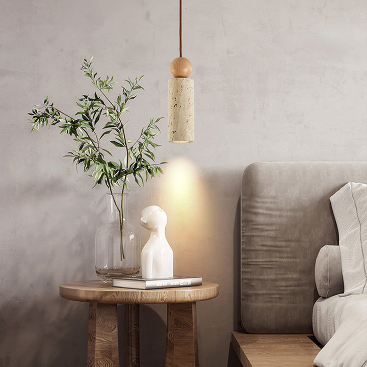 Traditionelle japanische gelbe Travertin-Massivholz-Zylinder-Glaskugel 1-Licht-Pendelleuchte für Esszimmer 