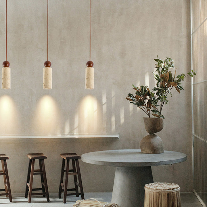 Traditionelle japanische gelbe Travertin-Massivholz-Zylinder-Glaskugel 1-Licht-Pendelleuchte für Esszimmer 