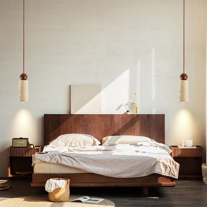 Traditionelle japanische gelbe Travertin-Massivholz-Zylinder-Glaskugel 1-Licht-Pendelleuchte für Esszimmer 