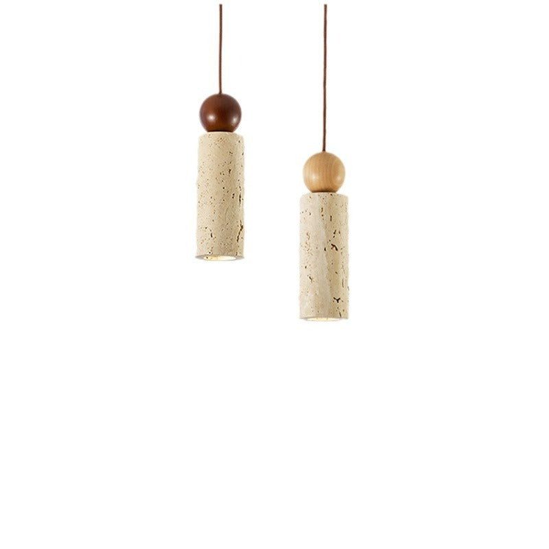 Traditional Japanese Yellow Travertine Solid Wood Cylinder Globe 1-Light Pendant Light For Dining Room