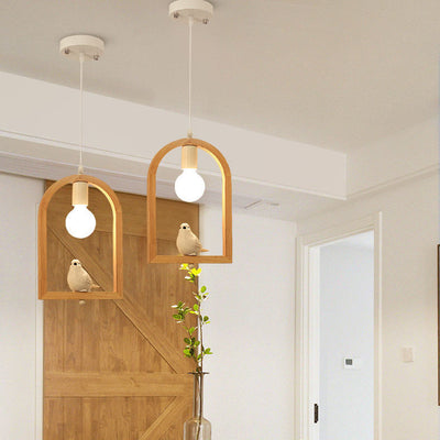 Tradicional Lámpara Colgante de 1 Luz con Madera de Caucho, Hierro y Vidrio en Forma de Ángel y Pájaro para Sala de Estar 