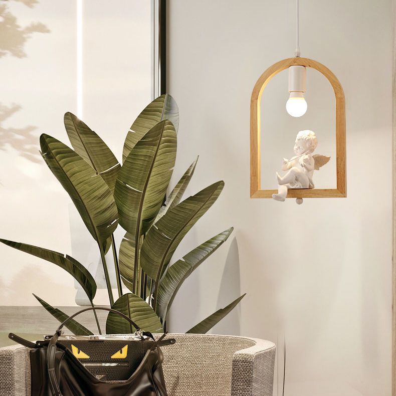 Tradicional Lámpara Colgante de 1 Luz con Madera de Caucho, Hierro y Vidrio en Forma de Ángel y Pájaro para Sala de Estar 