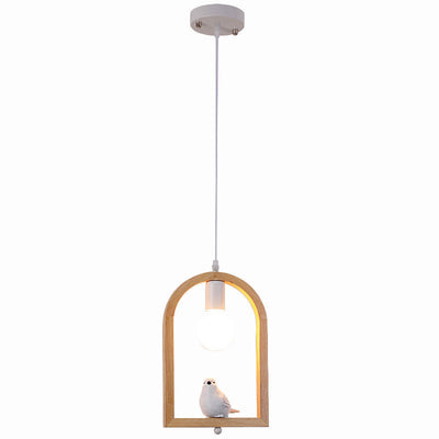 Tradicional Lámpara Colgante de 1 Luz con Madera de Caucho, Hierro y Vidrio en Forma de Ángel y Pájaro para Sala de Estar 