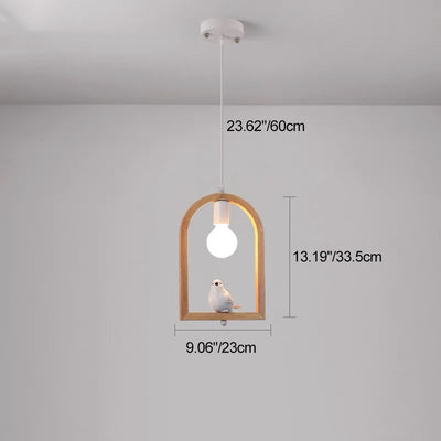 Tradicional Lámpara Colgante de 1 Luz con Madera de Caucho, Hierro y Vidrio en Forma de Ángel y Pájaro para Sala de Estar 