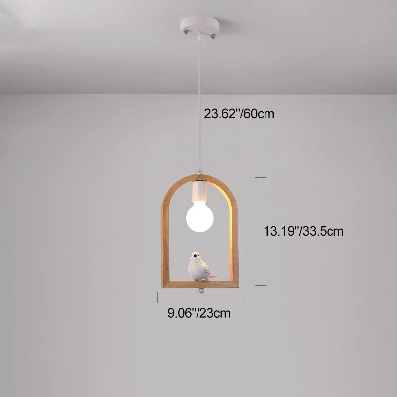 Tradicional Lámpara Colgante de 1 Luz con Madera de Caucho, Hierro y Vidrio en Forma de Ángel y Pájaro para Sala de Estar 
