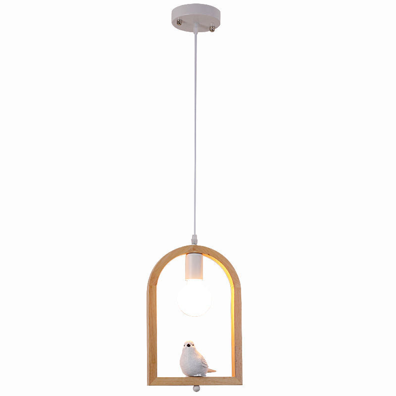 Tradicional Lámpara Colgante de 1 Luz con Madera de Caucho, Hierro y Vidrio en Forma de Ángel y Pájaro para Sala de Estar 