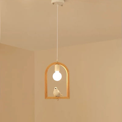 Tradicional Lámpara Colgante de 1 Luz con Madera de Caucho, Hierro y Vidrio en Forma de Ángel y Pájaro para Sala de Estar 