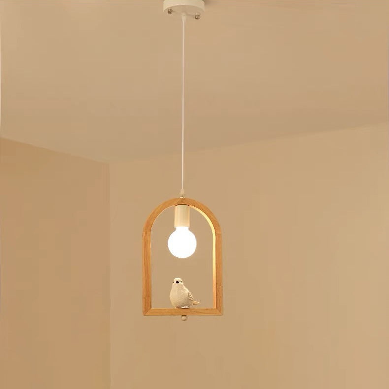 Tradicional Lámpara Colgante de 1 Luz con Madera de Caucho, Hierro y Vidrio en Forma de Ángel y Pájaro para Sala de Estar 