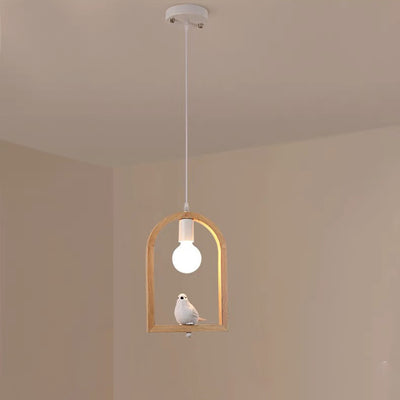 Tradicional Lámpara Colgante de 1 Luz con Madera de Caucho, Hierro y Vidrio en Forma de Ángel y Pájaro para Sala de Estar 