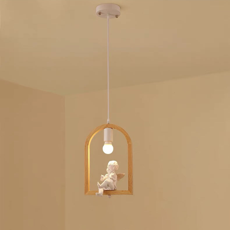 Tradicional Lámpara Colgante de 1 Luz con Madera de Caucho, Hierro y Vidrio en Forma de Ángel y Pájaro para Sala de Estar 