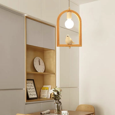 Tradicional Lámpara Colgante de 1 Luz con Madera de Caucho, Hierro y Vidrio en Forma de Ángel y Pájaro para Sala de Estar 