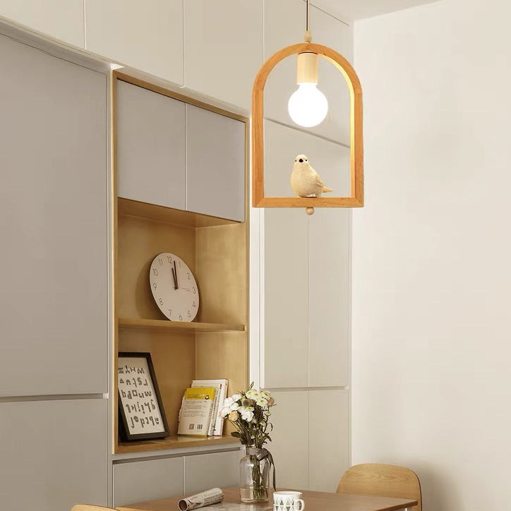 Tradicional Lámpara Colgante de 1 Luz con Madera de Caucho, Hierro y Vidrio en Forma de Ángel y Pájaro para Sala de Estar 