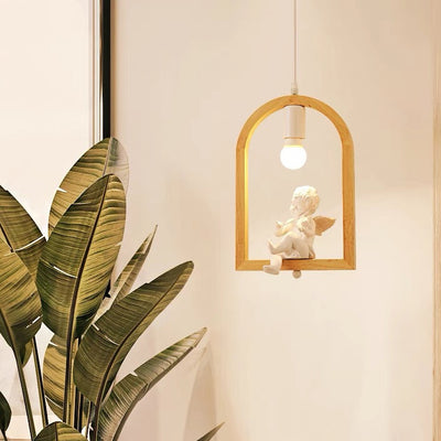 Tradicional Lámpara Colgante de 1 Luz con Madera de Caucho, Hierro y Vidrio en Forma de Ángel y Pájaro para Sala de Estar 
