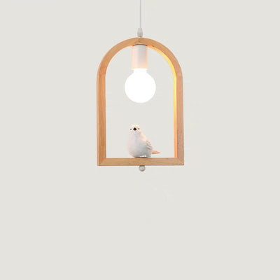 Tradicional Lámpara Colgante de 1 Luz con Madera de Caucho, Hierro y Vidrio en Forma de Ángel y Pájaro para Sala de Estar 