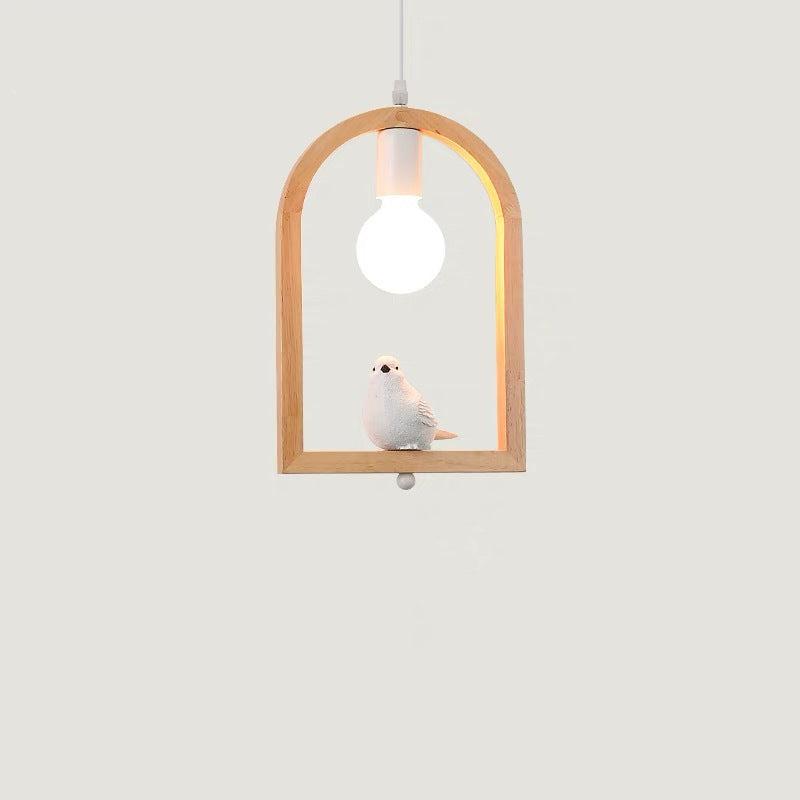 Tradicional Lámpara Colgante de 1 Luz con Madera de Caucho, Hierro y Vidrio en Forma de Ángel y Pájaro para Sala de Estar 