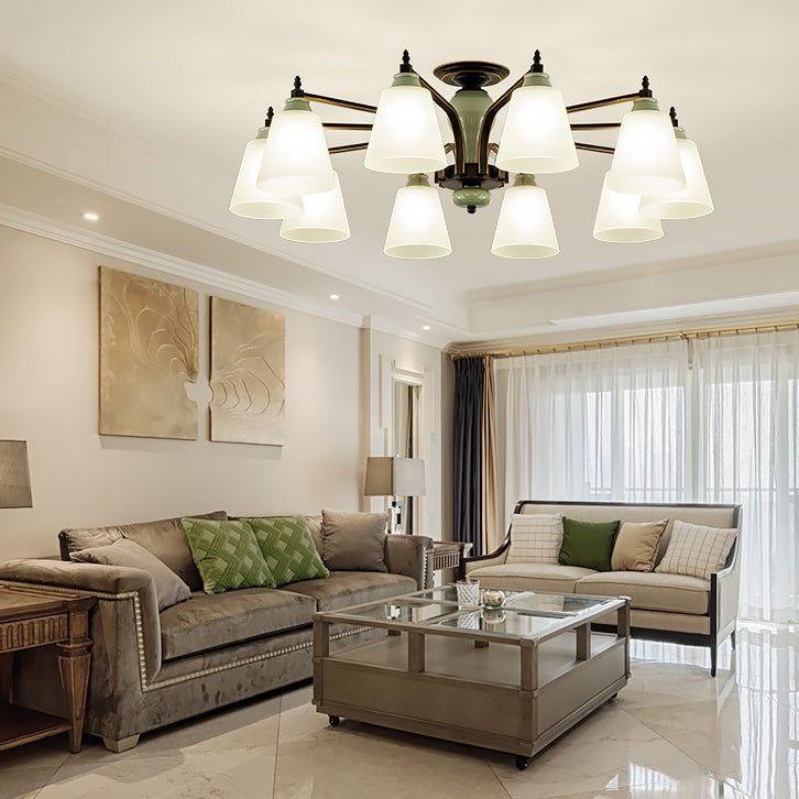 Zeitgenössische skandinavische Eisen-Keramik-Zweig-Kegel 3/6/8/10-Licht Semi-Flush-Mount-Beleuchtung für Schlafzimmer 