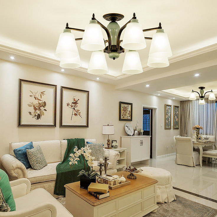 Zeitgenössische skandinavische Eisen-Keramik-Zweig-Kegel 3/6/8/10-Licht Semi-Flush-Mount-Beleuchtung für Schlafzimmer 