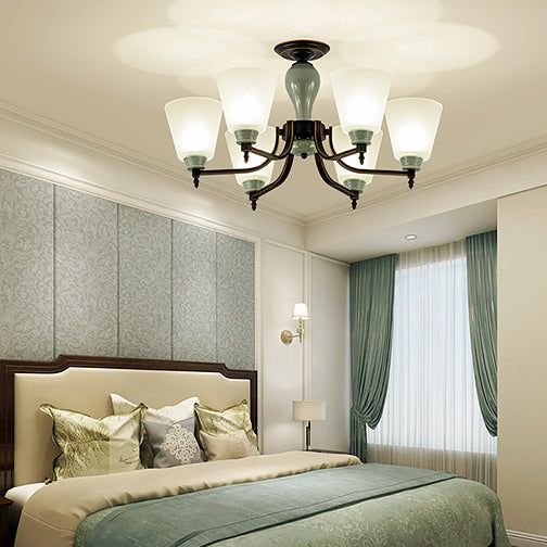 Zeitgenössische skandinavische Eisen-Keramik-Zweig-Kegel 3/6/8/10-Licht Semi-Flush-Mount-Beleuchtung für Schlafzimmer 